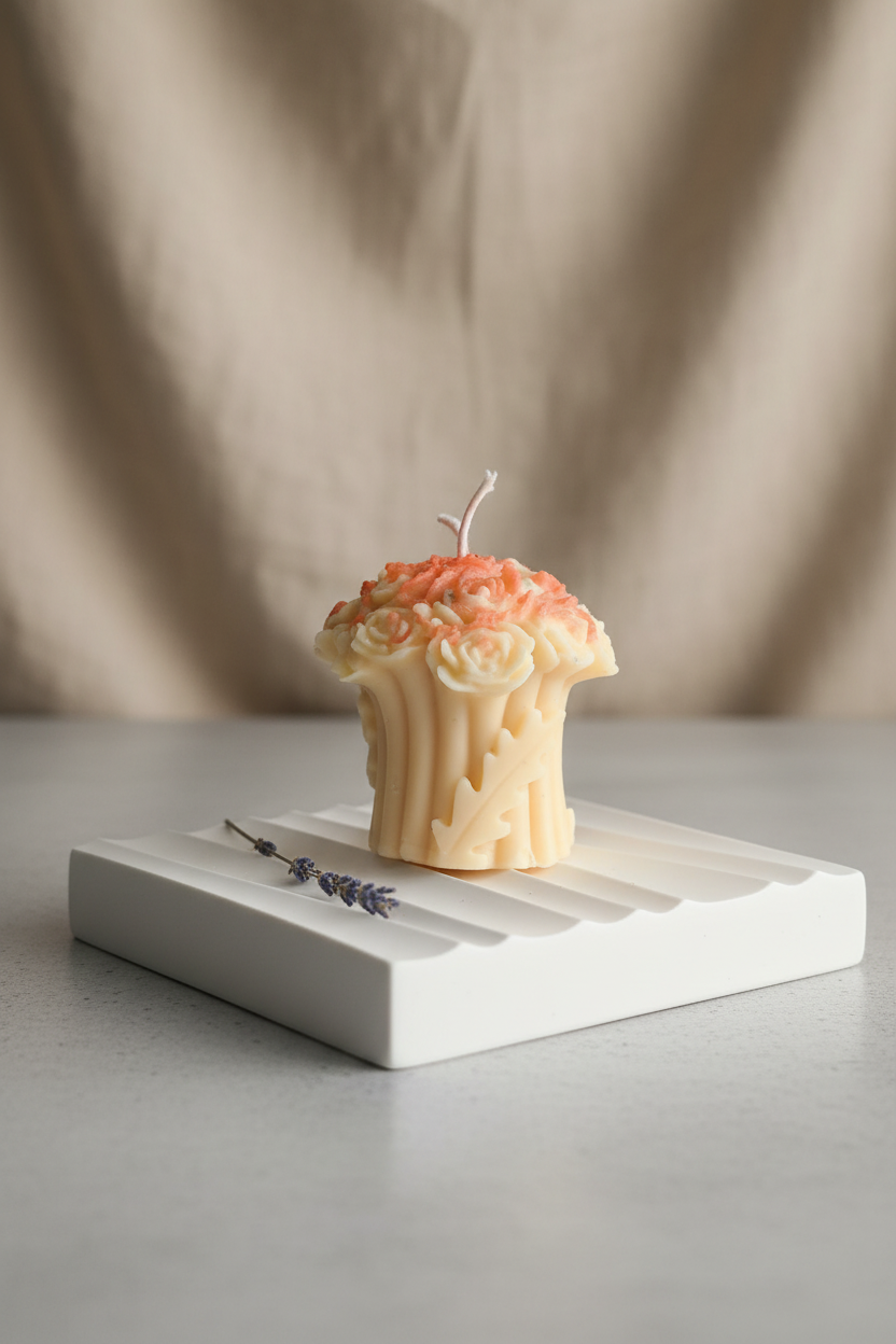 Bougie Bouquet de Roses — L'Atelier Pur, pétales sculptés pointes orange-rose